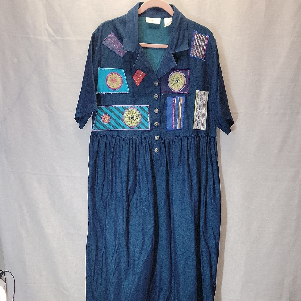 Cabernet 100% Cotton Blue Embellished Midi Sundress with Notched Collar